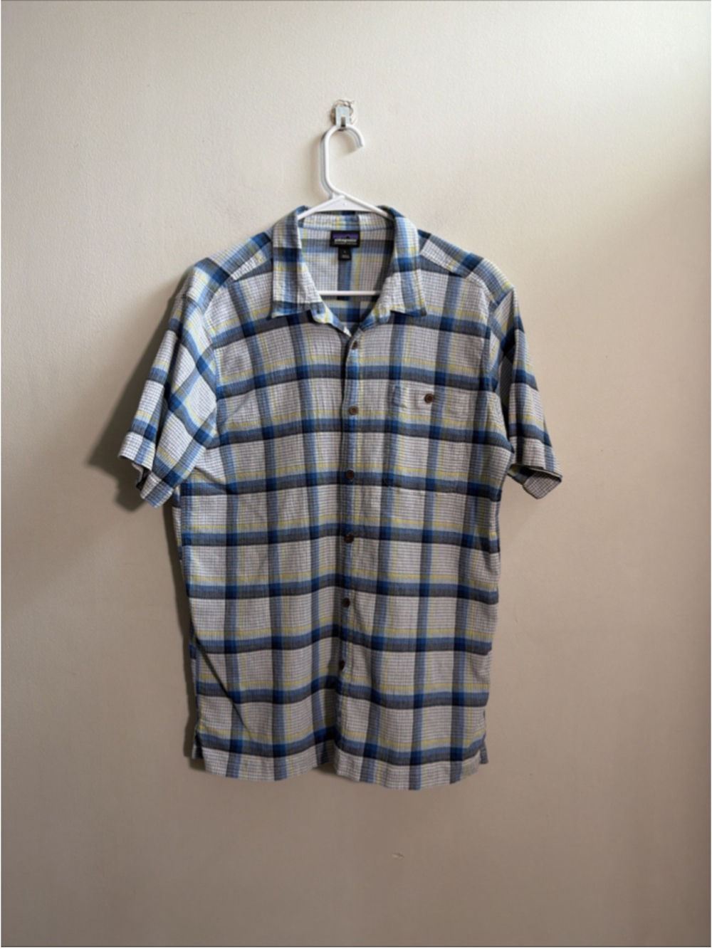 EUC MEN’S PATAGONIA ORGANIC COTTON SHORT SLEEVE SHIRT SIZE LARGE L BLUE WHITE